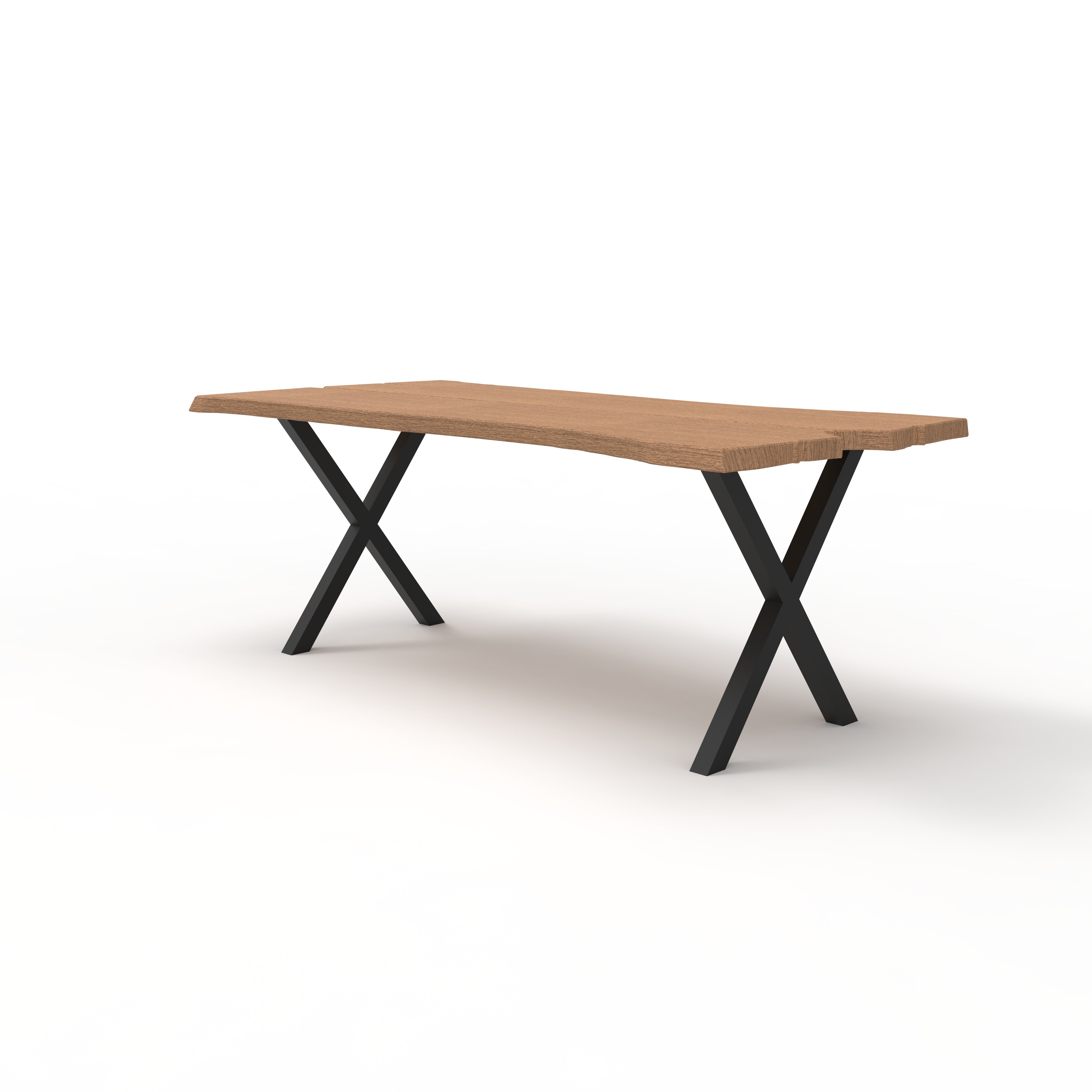 Avian dining table with wooden top and black metal legs on a white background.