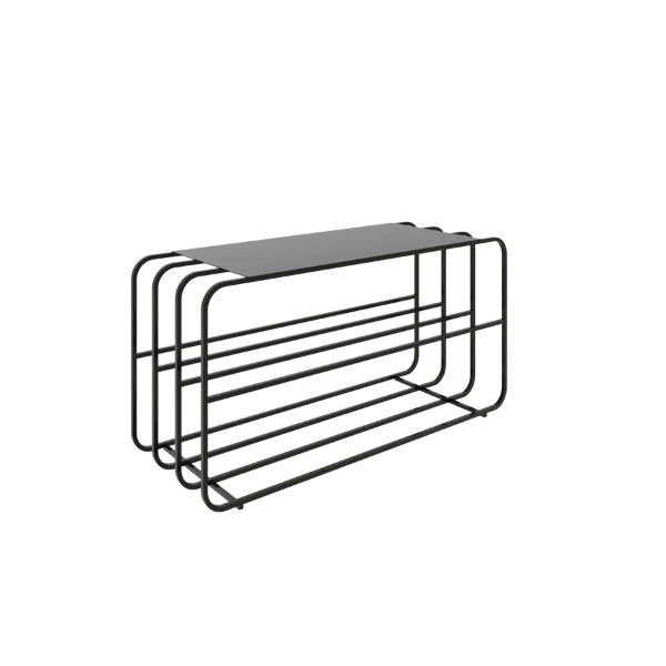 Cali shoe rack stand – black metal wall shelf with a gray top on a white background