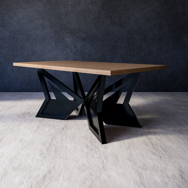 Capella dining table with wooden top and black metal base against a grey wall