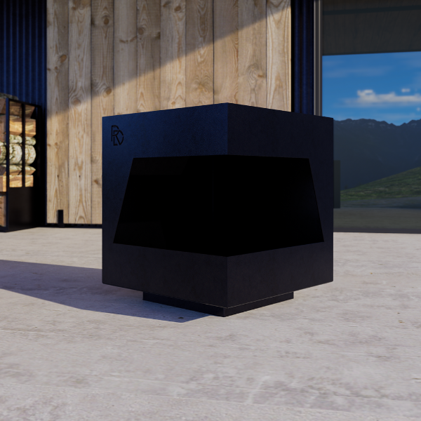 Compact firepit – black outdoor fire pit in front of a wooden building with mountains in the background