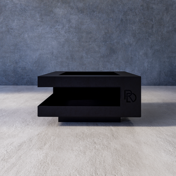 Modern black firepit with a subtle logo, set against a gray background