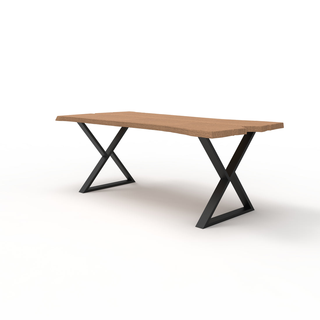 Eternal dining table with wooden top and black metal legs on a white background