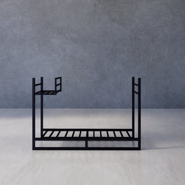 Firewood Rack Haven – black metal firewood rack against a gray background