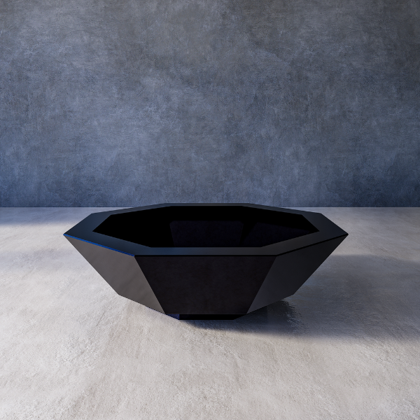 Hex firepit – black geometric bowl on a gray surface with a gray background