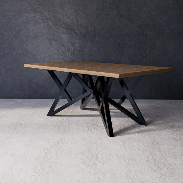 Iris dining table with wooden top and black metal legs against a dark gray wall