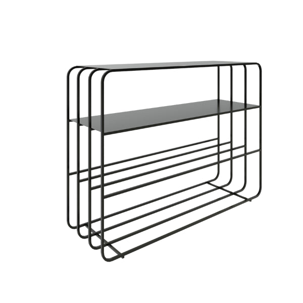 Kaya console table – black metal shelf with multiple levels on a white background
