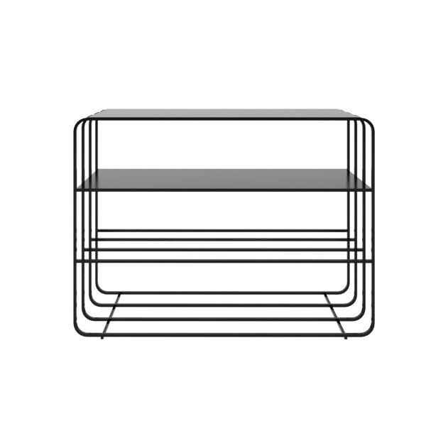 Kaya console table – black metal shelf with glass top on a white background