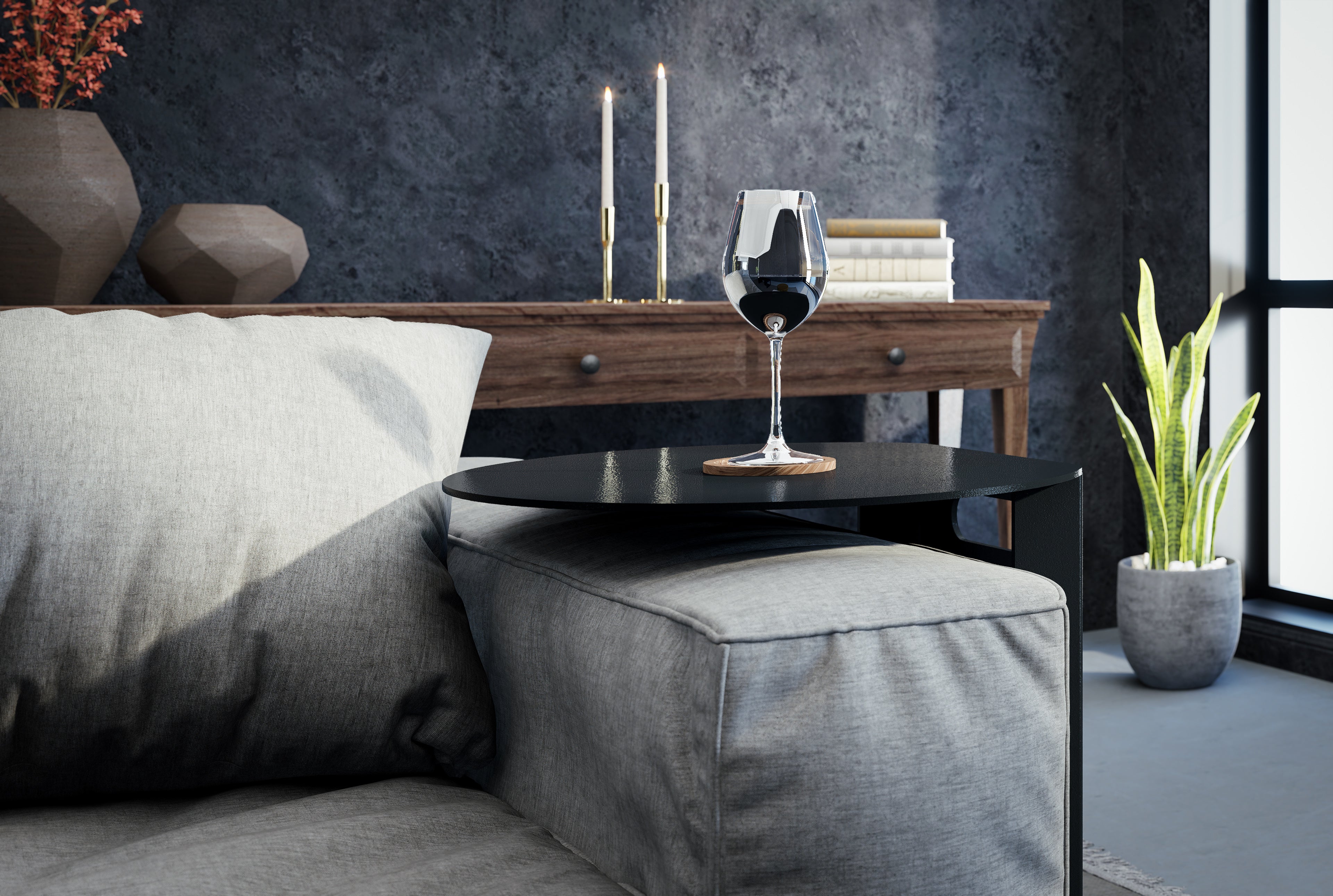 Luna Side Table — Sofa with a small table holding a wine glass, books, and candles in a modern living room setting.