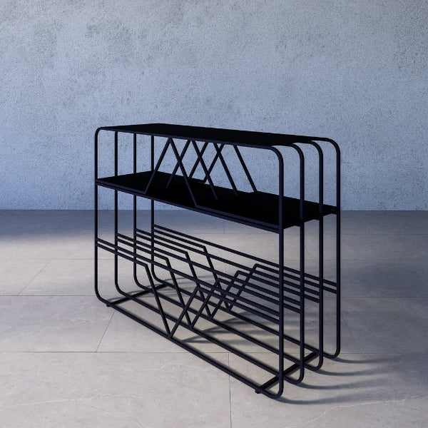 Lyon console table – black metal rack against a gray concrete wall