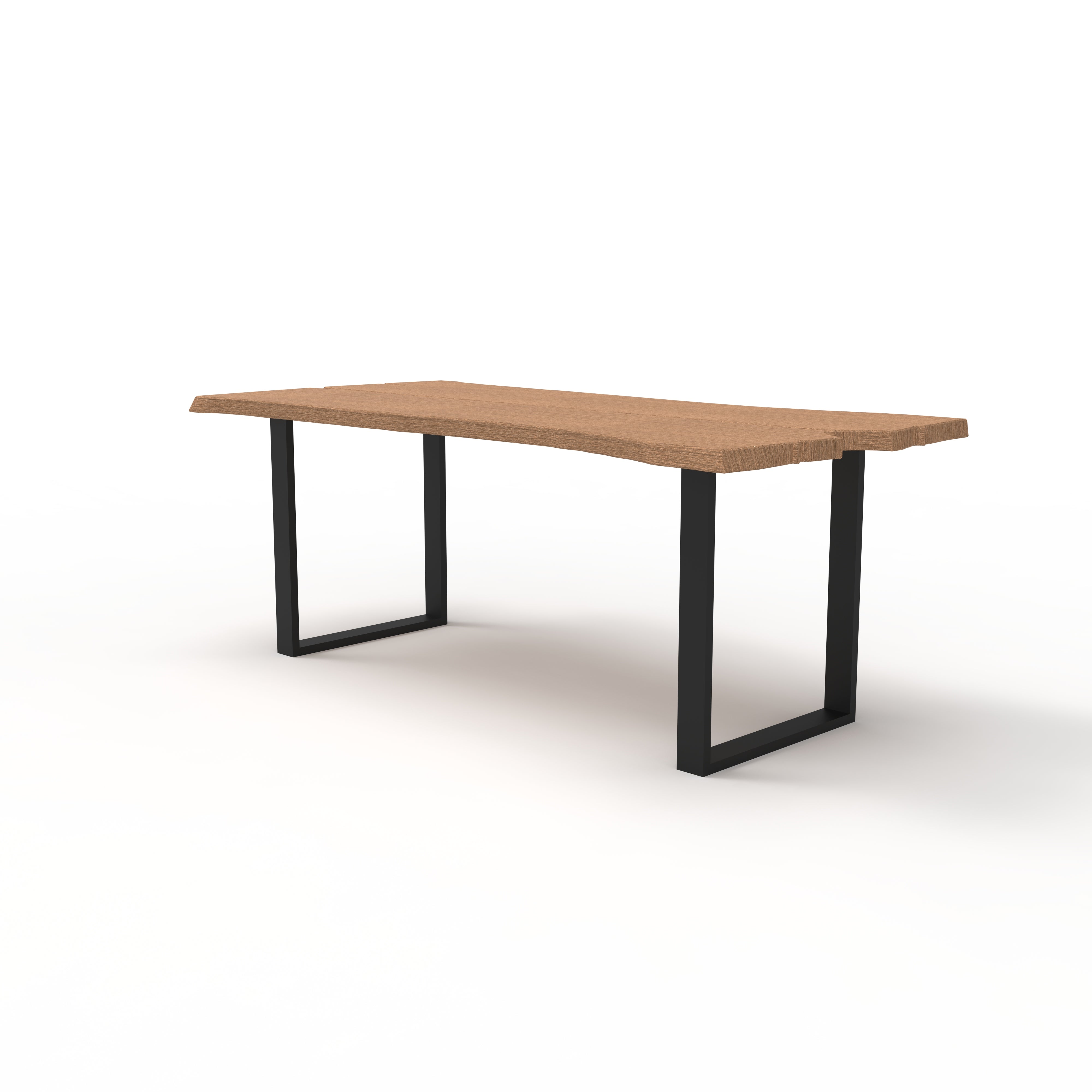 Monolith dining table with wooden top and black metal legs on a white background