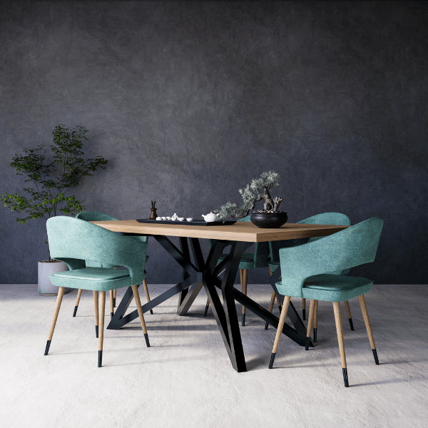 Dining room with Phoenix dining table featuring a wooden top and teal chairs against a dark gray wall
