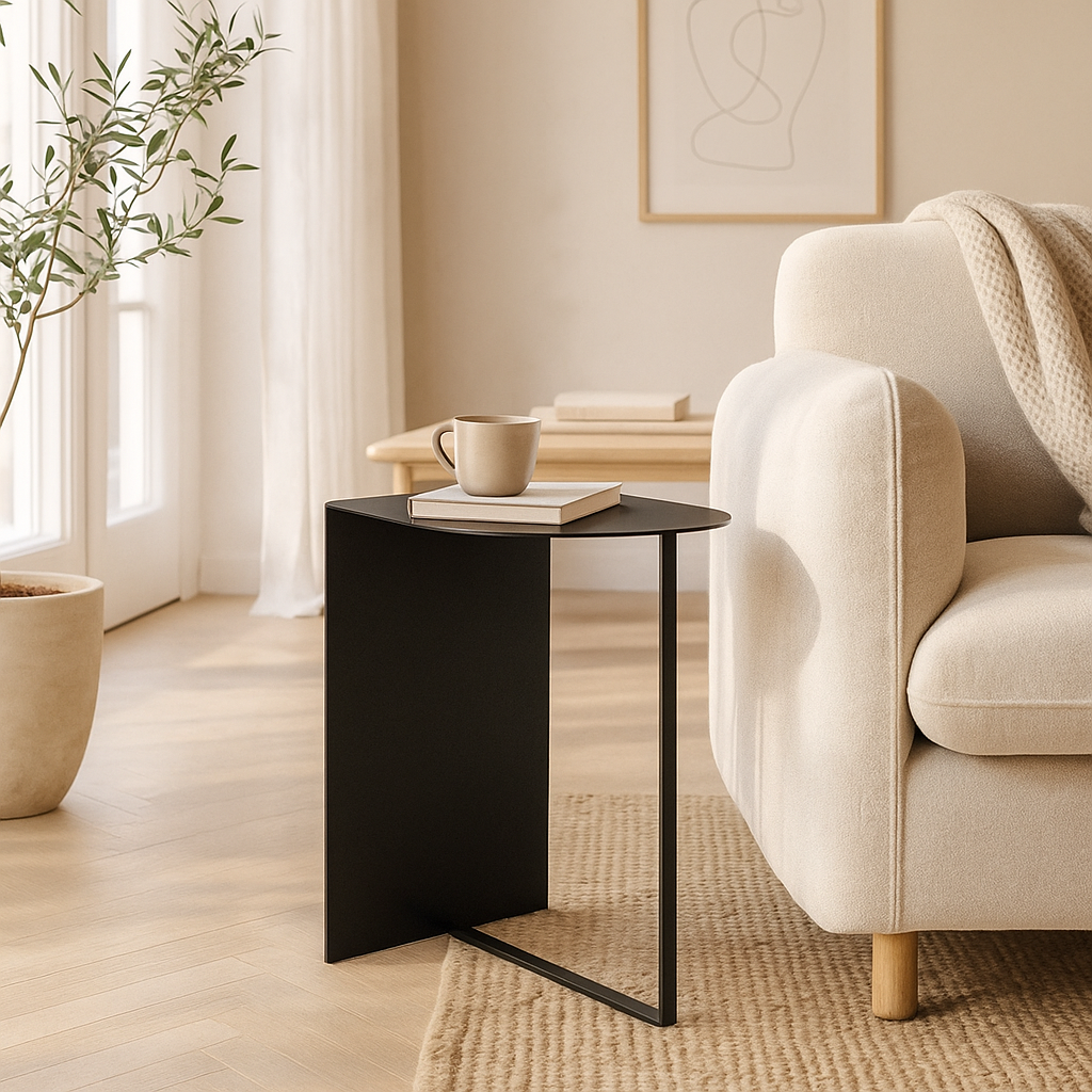 Lola Side Table with a mug and book next to a beige armchair