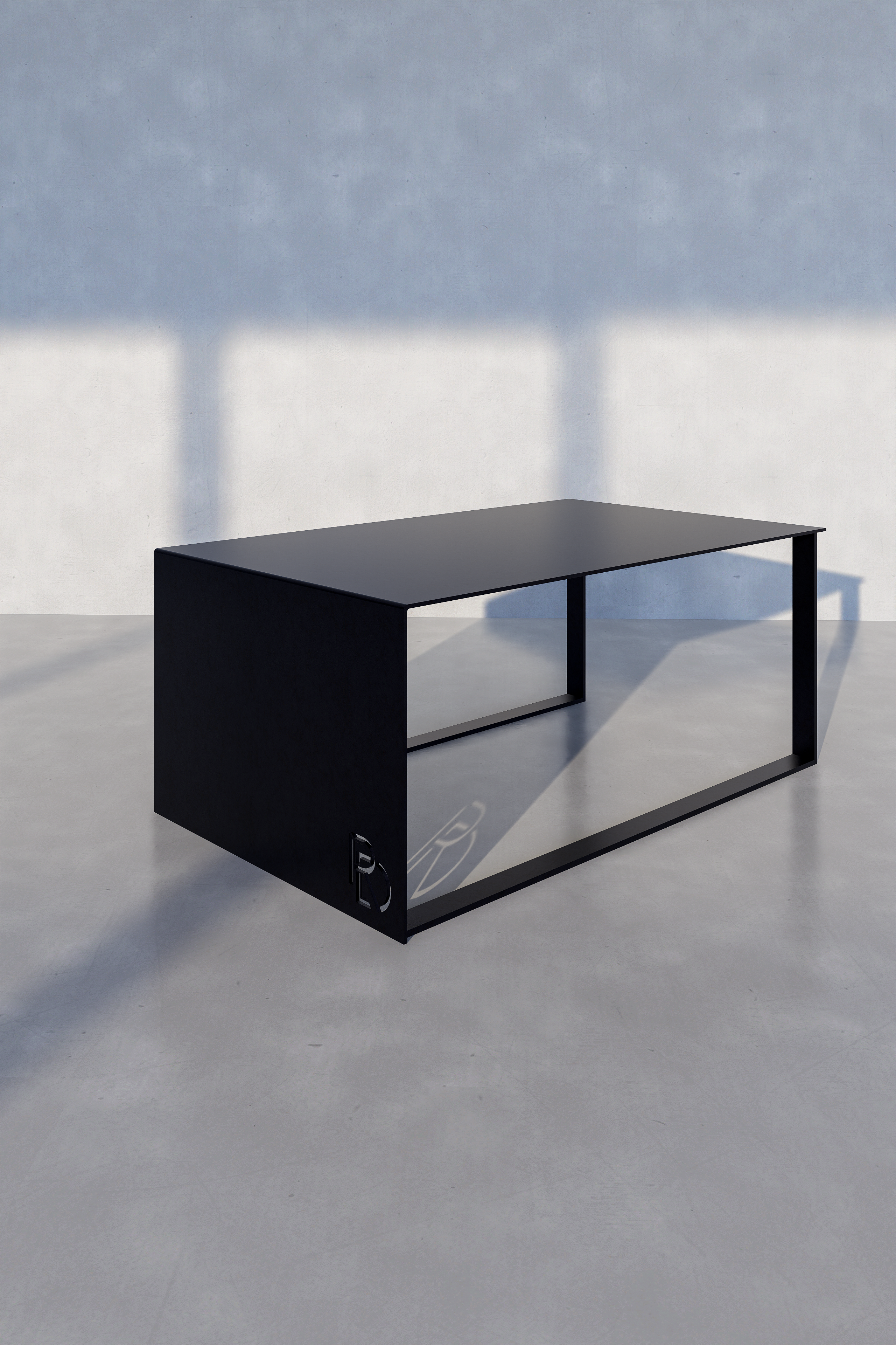Raven Coffee Table — Black office desk in a minimalistic room with concrete floor and gray walls.