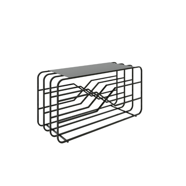Rio shoe rack stand – black metal wall-mounted storage rack with a black shelf on a white background