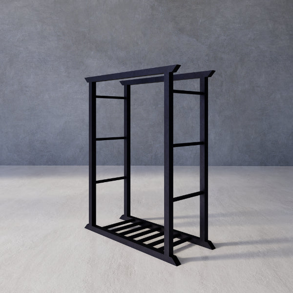 Secure Stacker Indoor Firewood Rack – black metal stand against a gray background