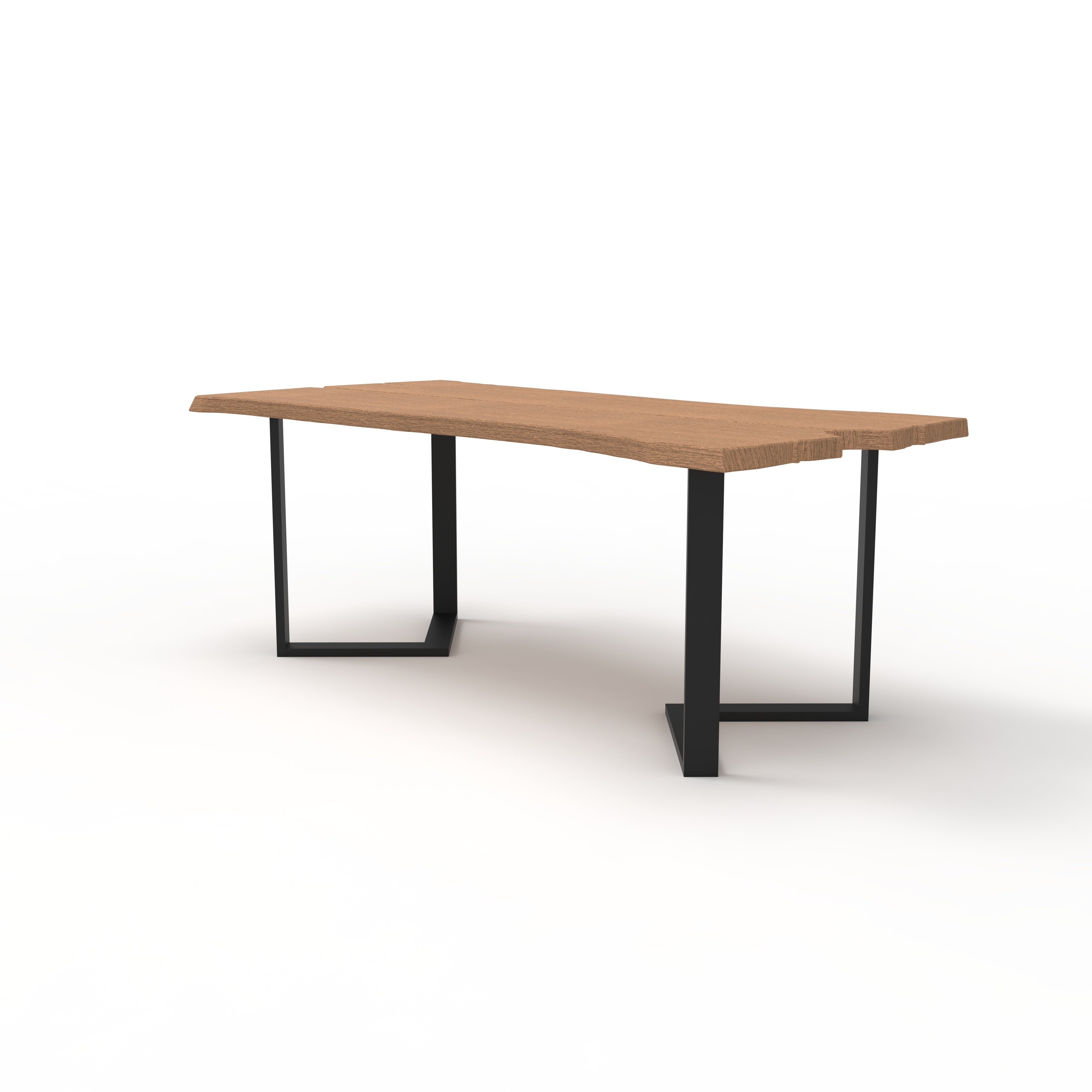 Stowe dining table with wooden top and black metal legs on a white background
