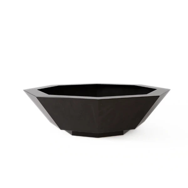Hexagonal firepit with modern faceted design, crafted in black powder-coated steel, isolated on a white background.

