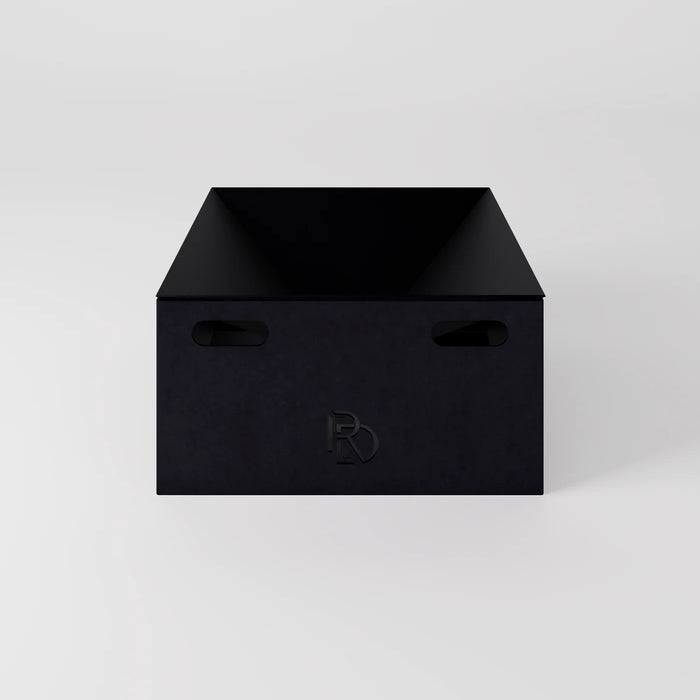 Box Firepit Standard model in matte black metal with clean geometric edges, displayed on a white background.

