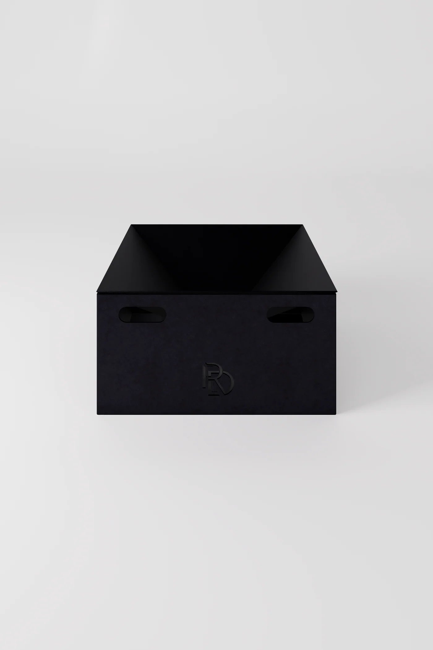 Box Firepit Standard model in matte black metal with clean geometric edges, displayed on a white background.

