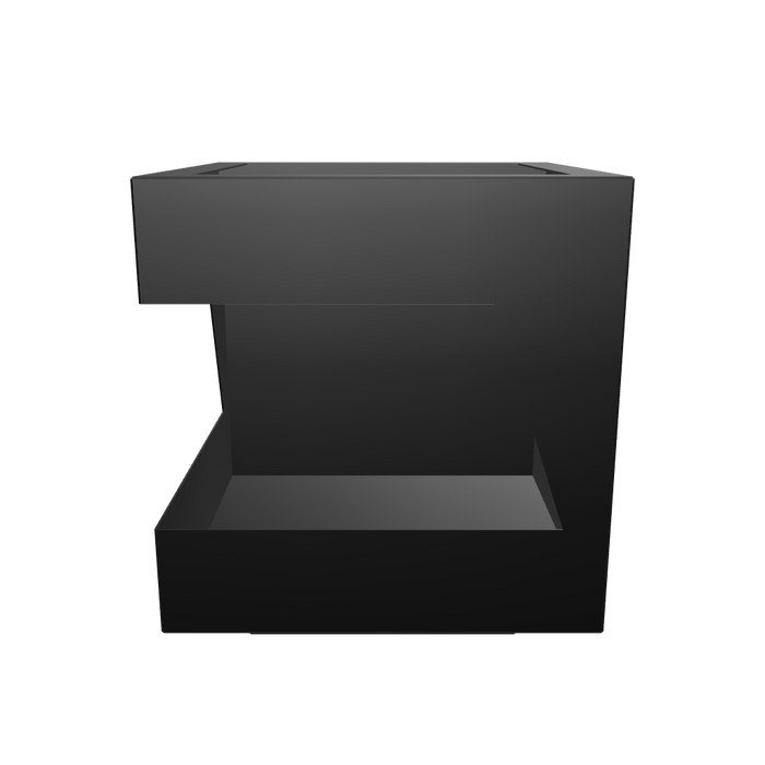 Compact rectangular firepit with minimalist silhouette, in dark metal finish, shown against a white background.


