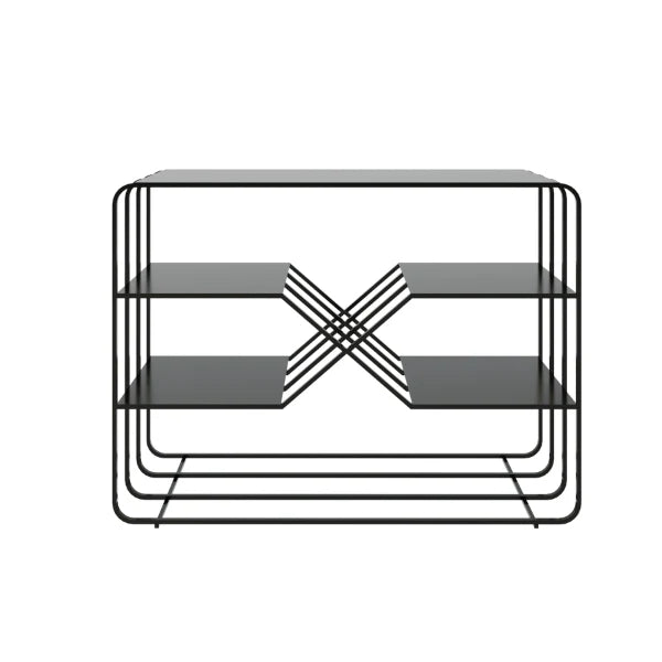 Emery Console Table with a minimalist black metal frame and solid metal top, displayed on a white background