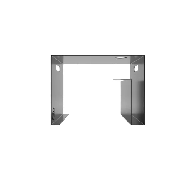 Enigma Coffee Table with circular bottle holder and geometric cutouts in black metal, on a white background.	