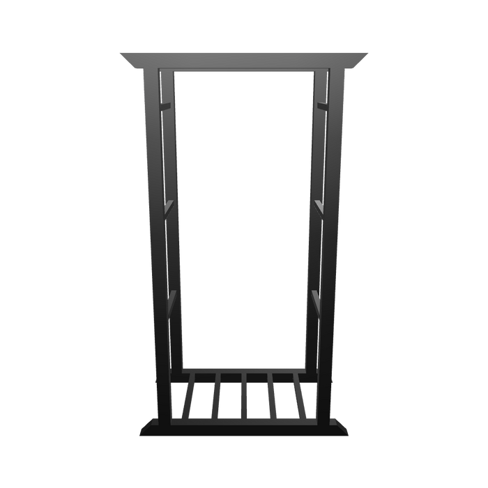 Fellow Firewood Holder in black powder-coated metal with clean geometric lines, displayed on a white background.

