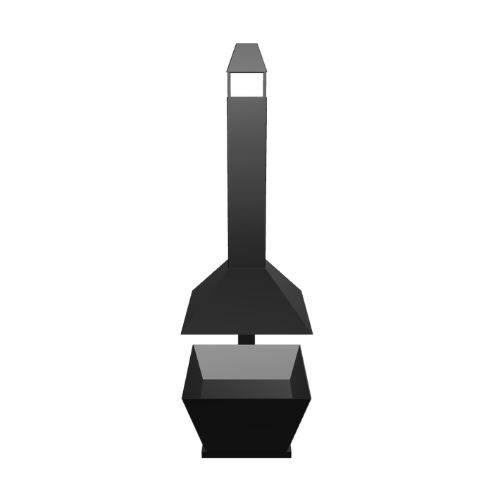Floating Chimney firepit with suspended flue design in black steel, shown on a white background.

