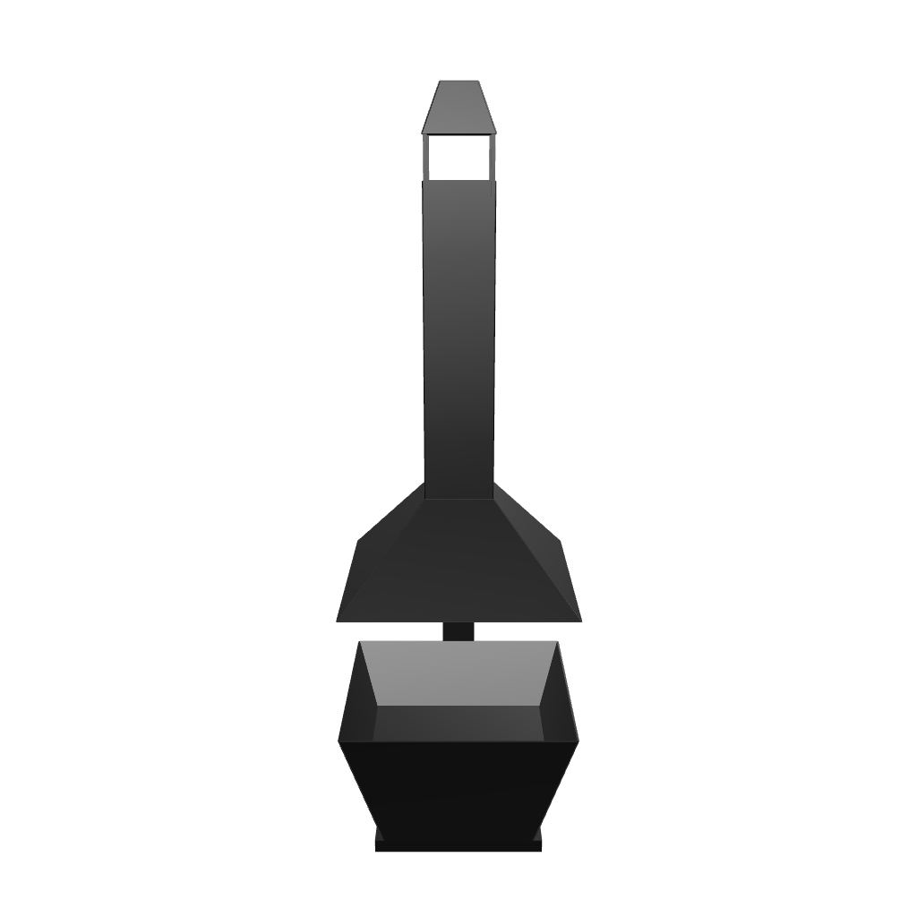 Floating Chimney firepit with suspended flue design in black steel, shown on a white background.

