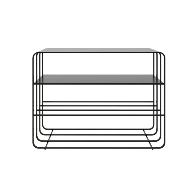 Minimalist Kaya Console Table with slim black metal frame and open shelving, displayed on a white background.
