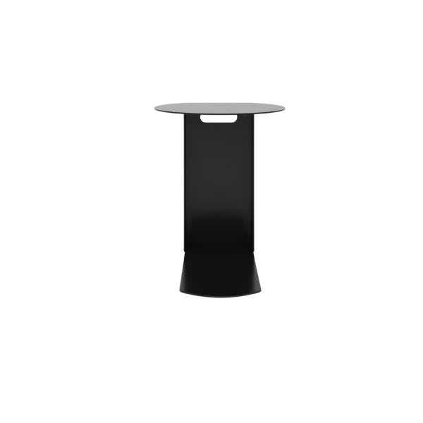 Luna Side Table with a rounded silhouette and clean lines in black steel, displayed on a white background.

