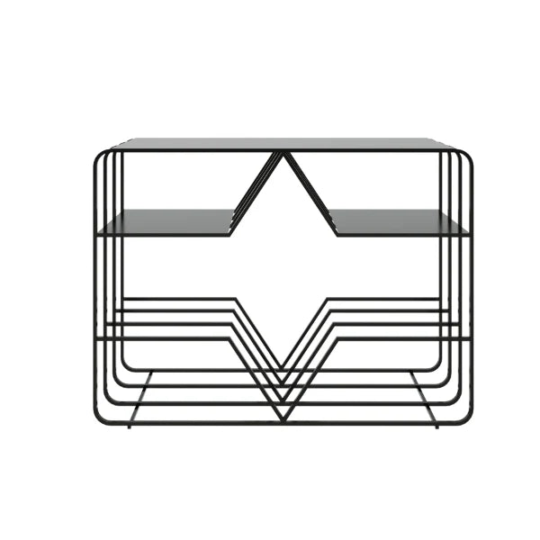 Lyon Console Table with geometric black frame and rectangular surface, shown on a white background.
