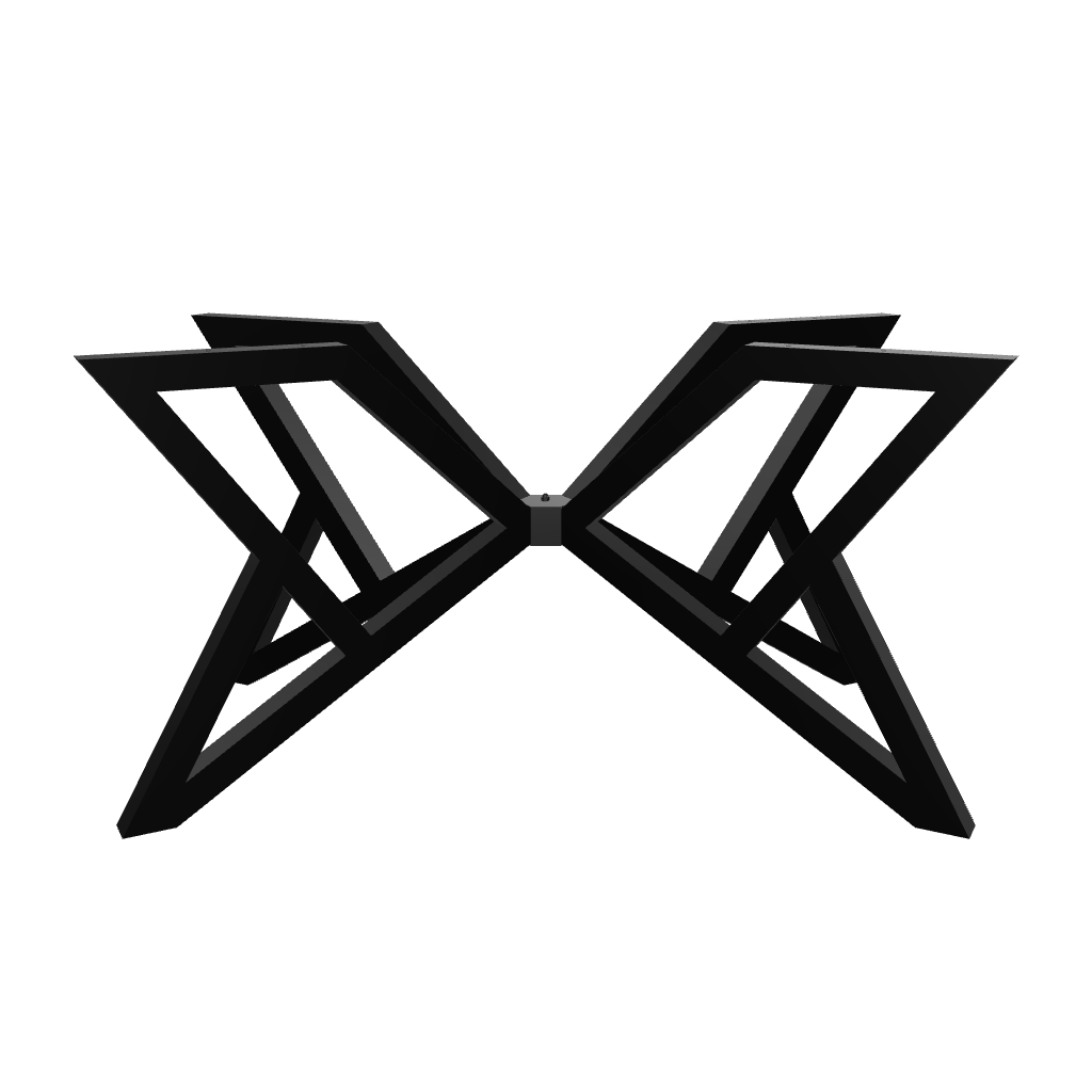 Orion Dining Table Leg in sculptural steel with crisscross design, isolated on a white background.


