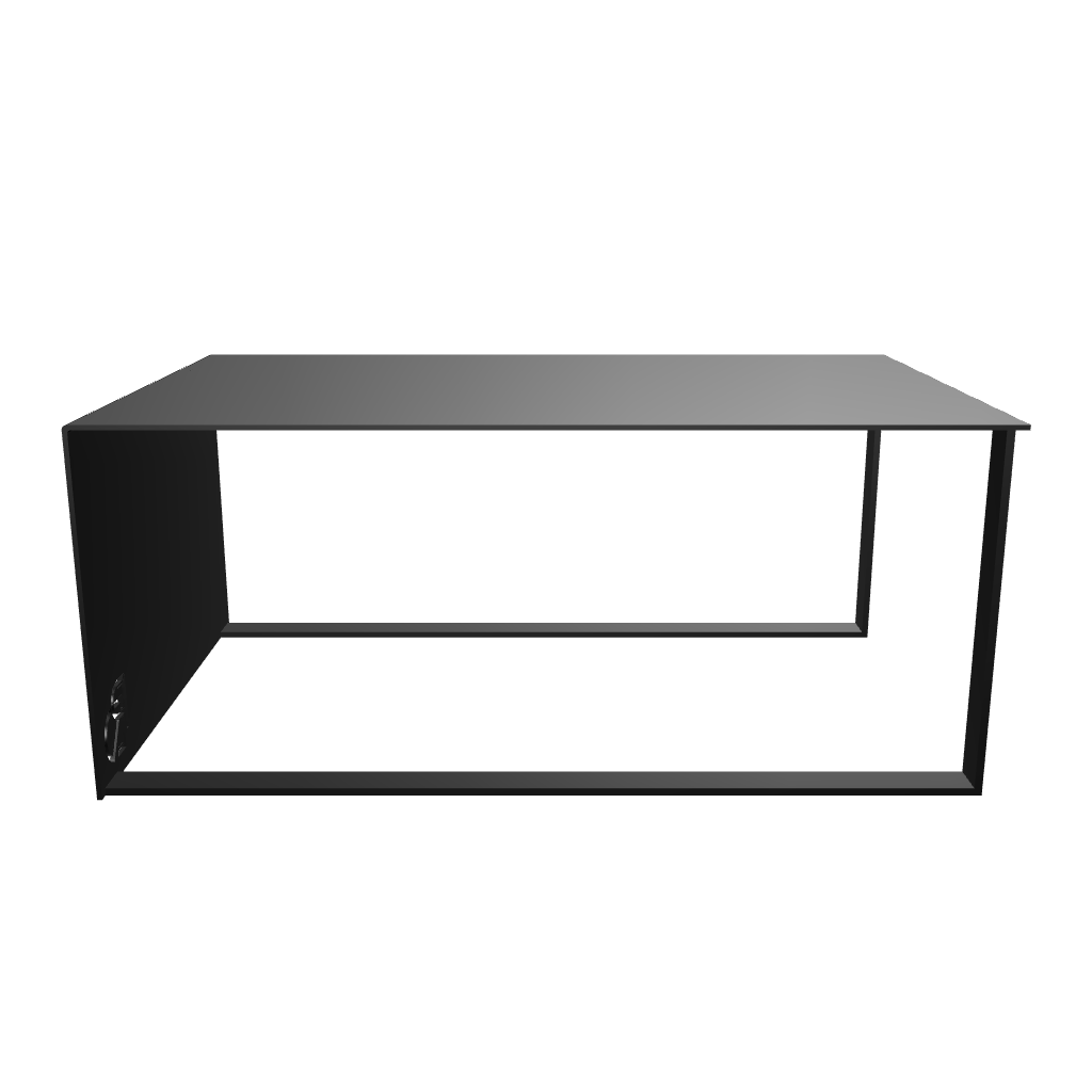 Raven Coffee Table with bold black-steel base and sculptural silhouette, against a white background.	
